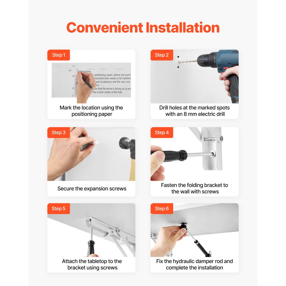 VEVOR Mesa plegable montada en la pared, mesa abatible de 39.37 x 19.69 pulgadas, escritorio flotante con soporte de hierro, escritorio plegable para espacios pequeños, oficina en casa, comedor, cuarto de lavado, cocina, bar, color blanco