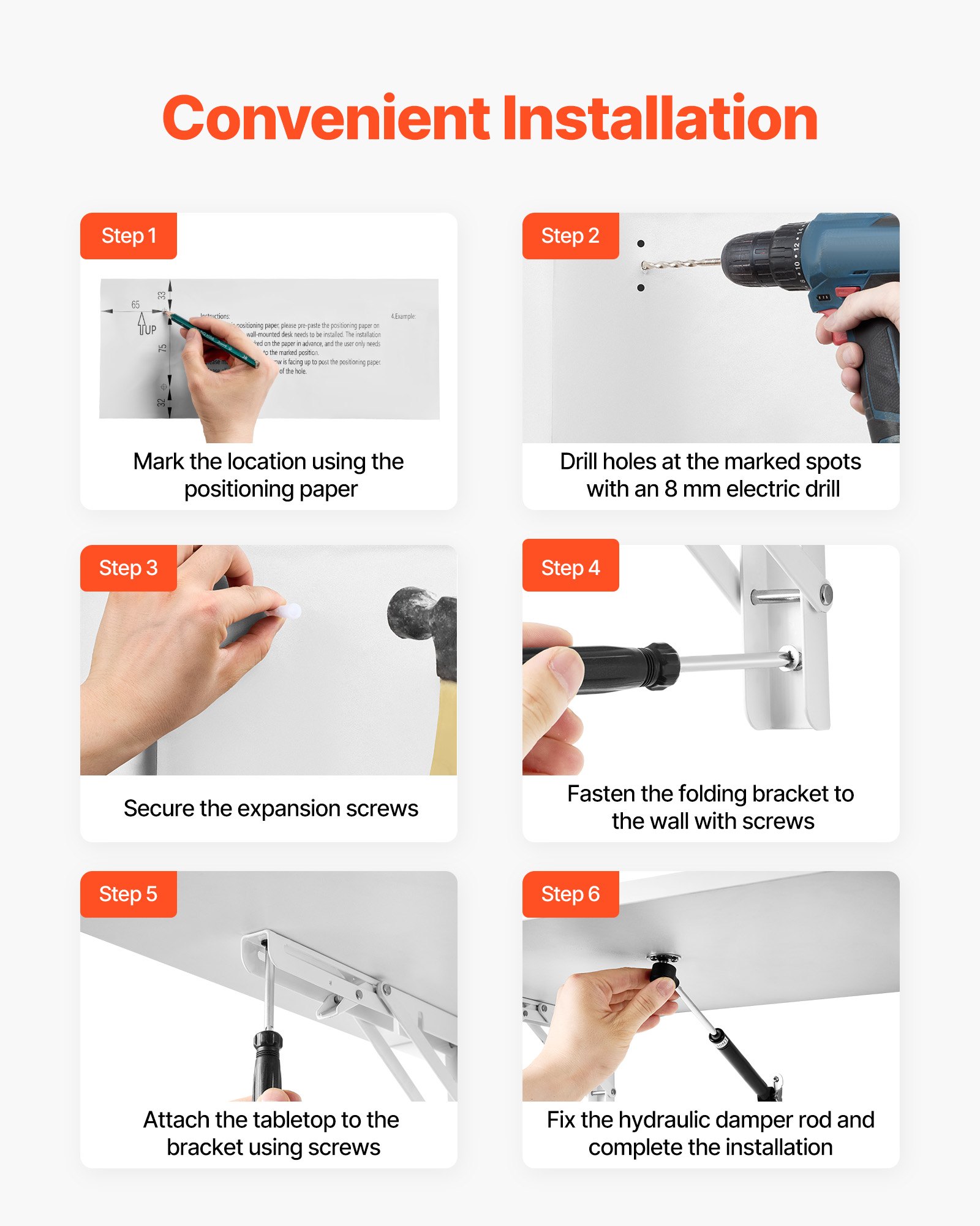 VEVOR Wall-Mounted Folding Table, 110 x 46 cm, Folding Table, Floating Desk with Iron Bracket, Collapsible Desk for Small Spaces, Home Office, Dining Room, Laundry Room, Kitchen, Bar, White