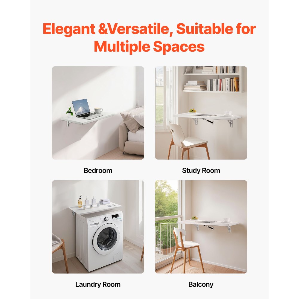 VEVOR Mesa plegable montada en la pared, mesa abatible de 47.24" x 19.69" para montaje en pared, escritorio flotante con soporte de hierro, escritorio plegable para espacios pequeños, oficina en casa, comedor, cuarto de lavado, cocina, bar, blanco