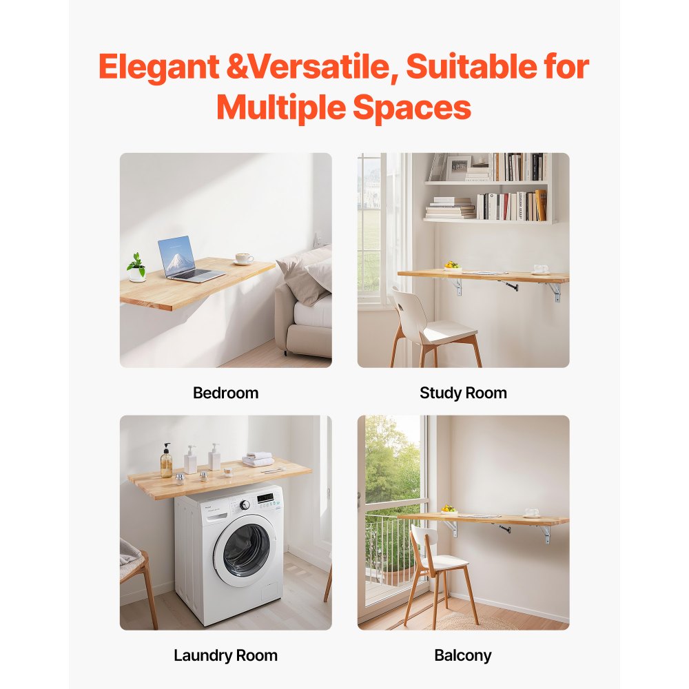 VEVOR Wall-Mounted Folding Desk, 120 x 50 cm, Floating Wooden Desk with Iron Bracket, Collapsible Desk for Small Spaces, Home Office, Dining Room, Laundry Room, Kitchen, Bar