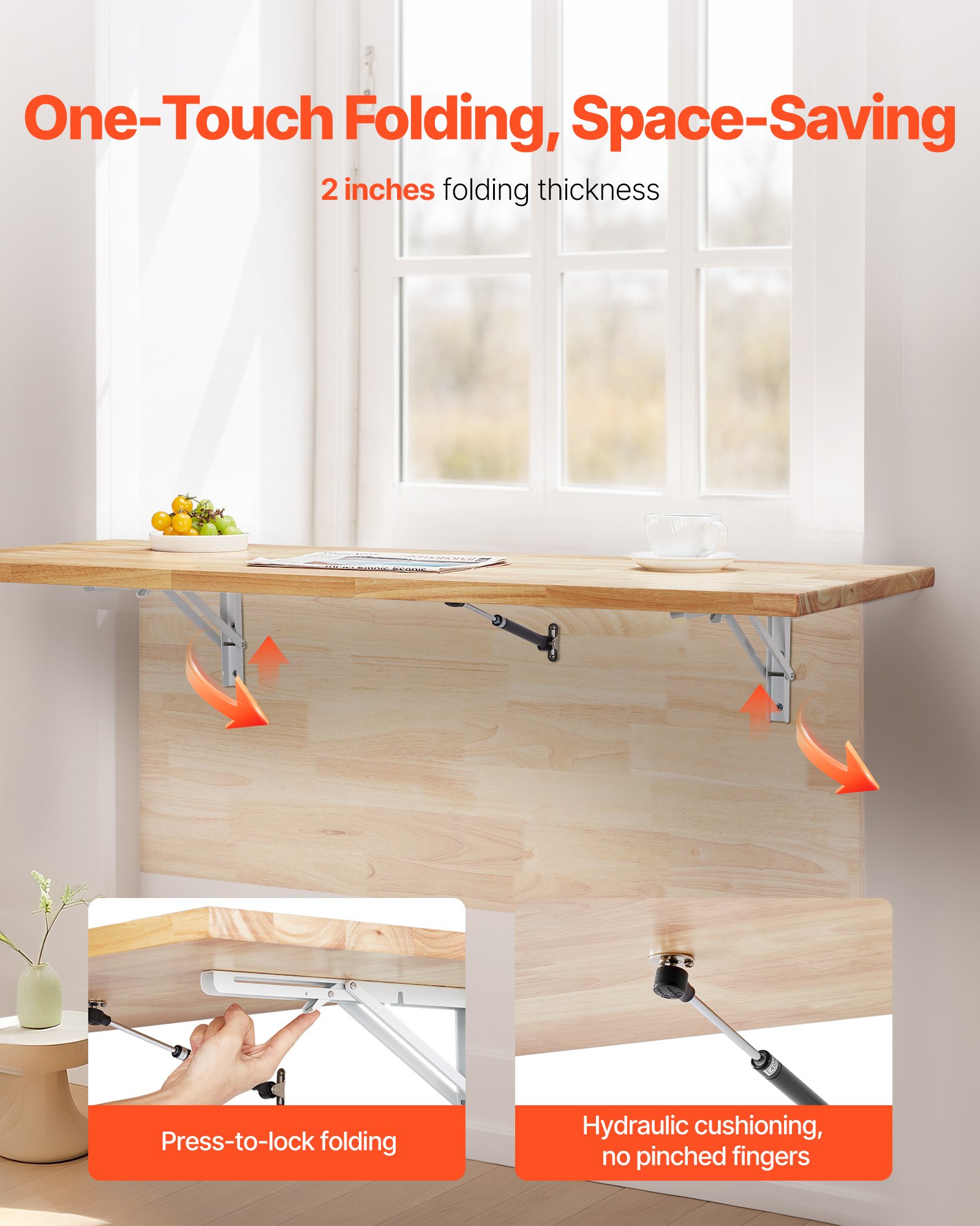 VEVOR Wall-Mounted Folding Desk, 120 x 50 cm, Floating Wooden Desk with Iron Bracket, Collapsible Desk for Small Spaces, Home Office, Dining Room, Laundry Room, Kitchen, Bar