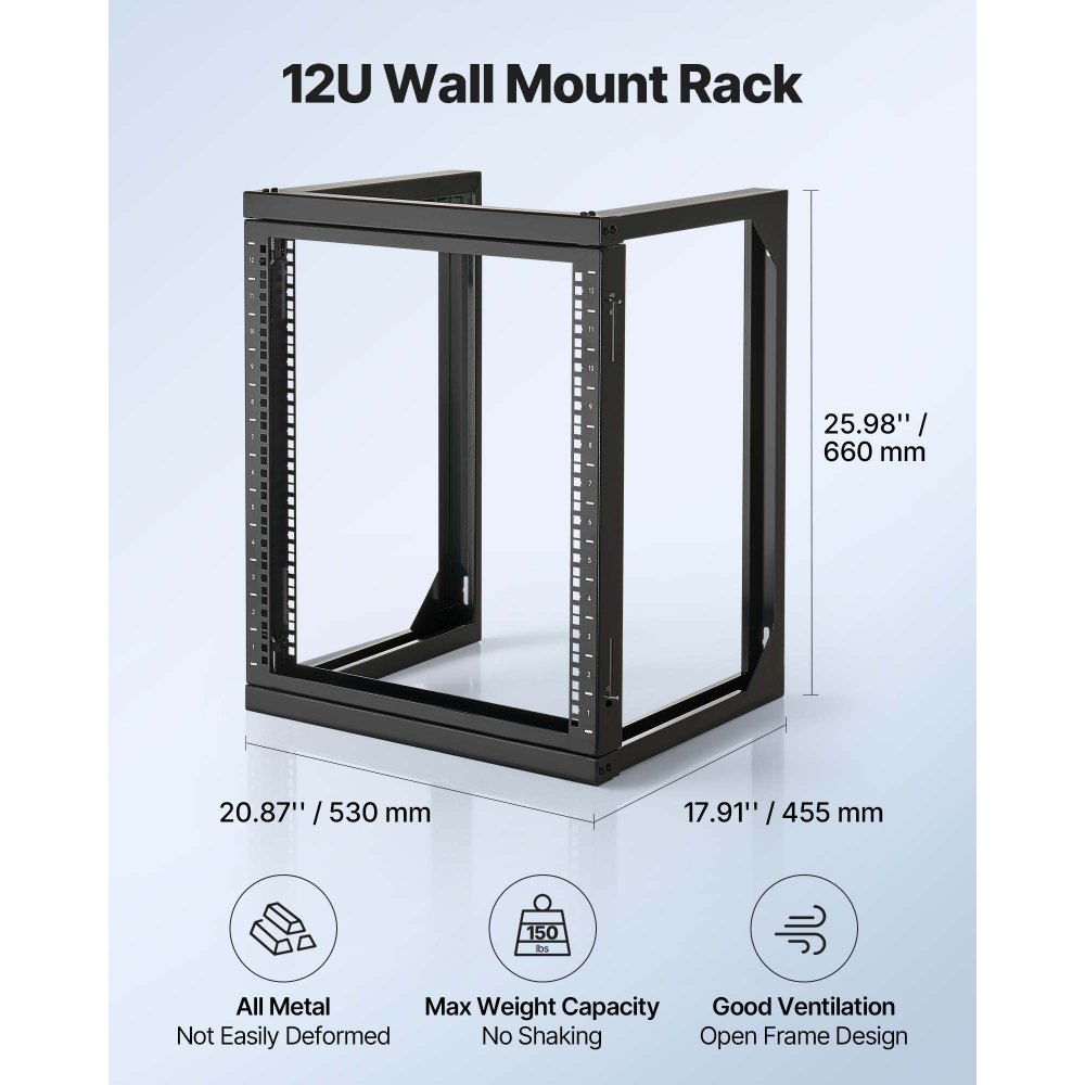 VEVOR Rack de Servidor de Pared de 12U, Carga Máxima de 68,04 kg, Bastidor de Red de Marco Abierto con Apertura de Puerta de 180 Grados, Acero al Carbono, para Equipo de Red/IT/AV de 48,26 cm