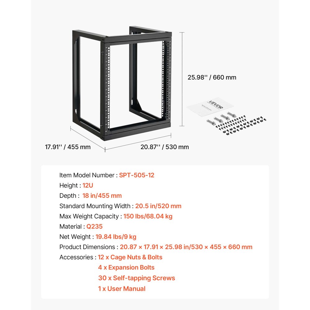 VEVOR Rack de Servidor de Pared de 12U, Carga Máxima de 68,04 kg, Bastidor de Red de Marco Abierto con Apertura de Puerta de 180 Grados, Acero al Carbono, para Equipo de Red/IT/AV de 48,26 cm
