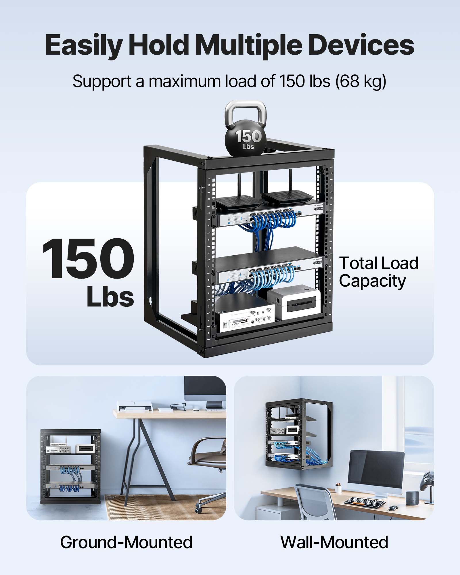 VEVOR Rack de Servidor de Pared de 12U, Carga Máxima de 68,04 kg, Bastidor de Red de Marco Abierto con Apertura de Puerta de 180 Grados, Acero al Carbono, para Equipo de Red/IT/AV de 48,26 cm