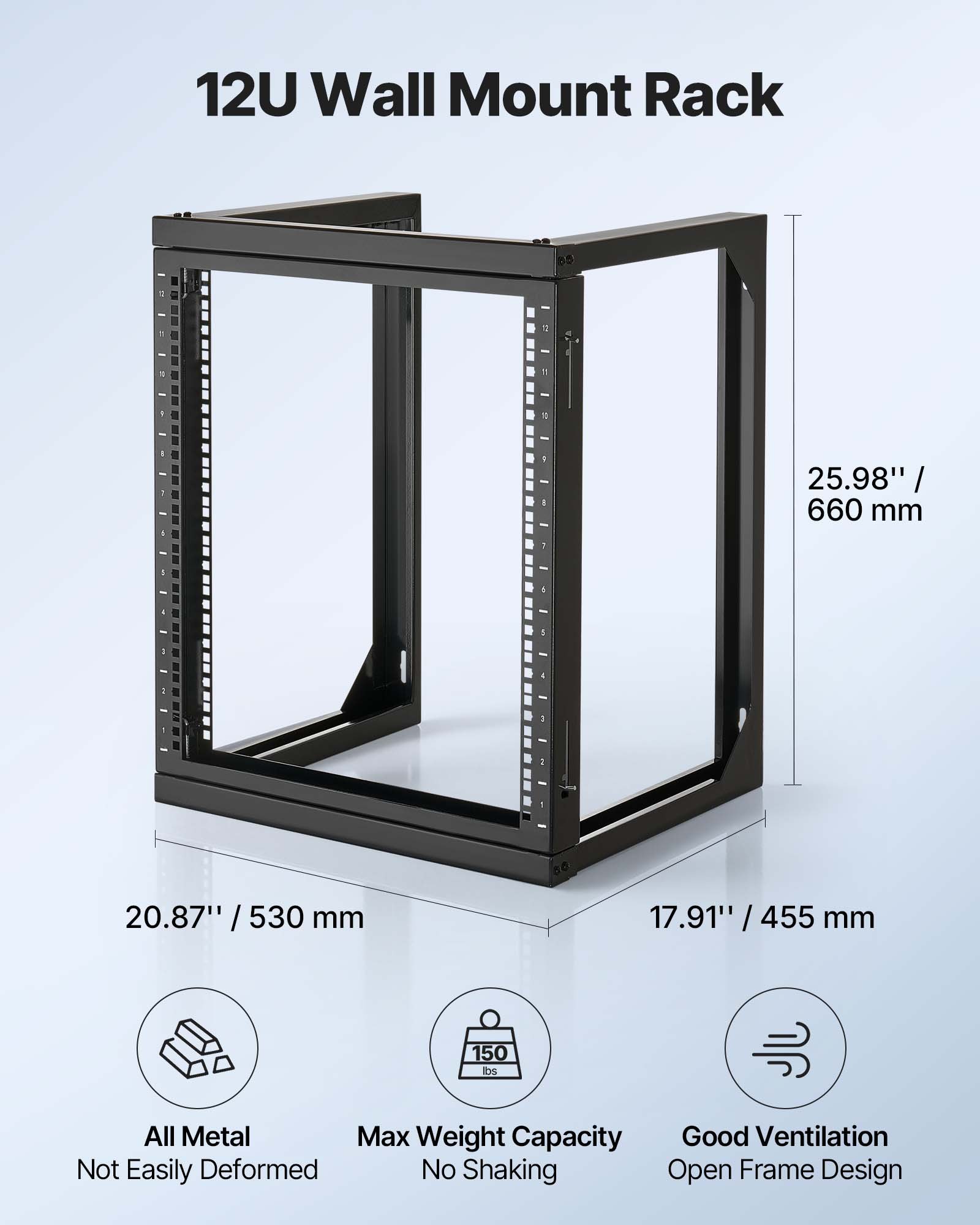 VEVOR Rack de Servidor de Pared de 12U, Carga Máxima de 68,04 kg, Bastidor de Red de Marco Abierto con Apertura de Puerta de 180 Grados, Acero al Carbono, para Equipo de Red/IT/AV de 48,26 cm