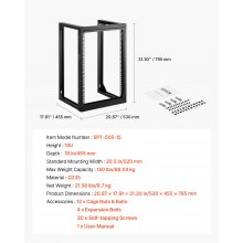 VEVOR Rack de Servidor de Pared de 15U, Carga Máxima de 68,04 kg, Bastidor de Red de Marco Abierto con Apertura de Puerta de 180 Grados, Acero al Carbono, para Equipo de Red/IT/AV de 48,26 cm