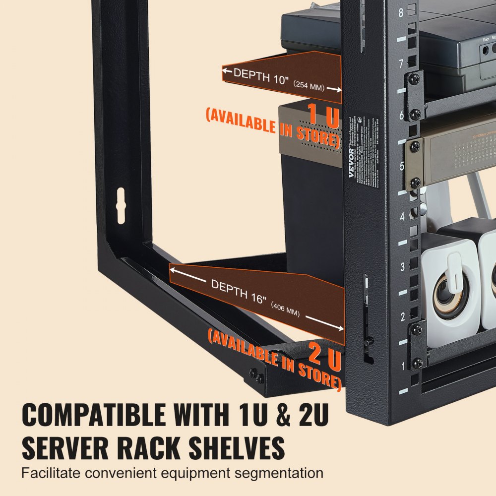 VEVOR 9U wall-mounted rack, 150 lbs/68.04 kg maximum load capacity, open-frame server network rack with cage nuts, carbon steel, 20.9 x 17.7 x 20.5 inches, for 19-inch/482.6 mm AV and server IT equipment, black