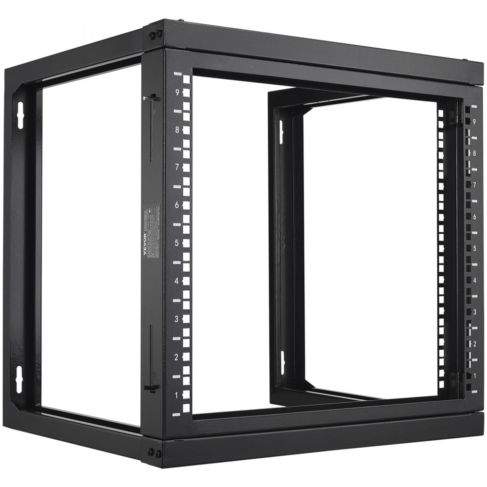 VEVOR 9U wall-mounted rack, 150 lbs/68.04 kg maximum load capacity, open-frame server network rack with cage nuts, carbon steel, 20.9 x 17.7 x 20.5 inches, for 19-inch/482.6 mm AV and server IT equipment, black
