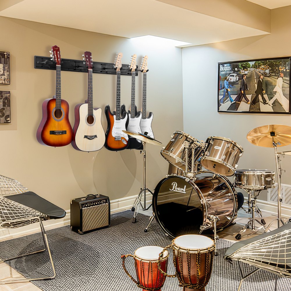 VEVOR Soporte para guitarra de 5 espacios, con capacidad para 5 guitarras, estante plegable para exhibición de múltiples guitarras montado en la pared con ganchos giratorios de 270°, mango de instalación de paneles de aluminio, para guitarra, bajo eléctrico acústico