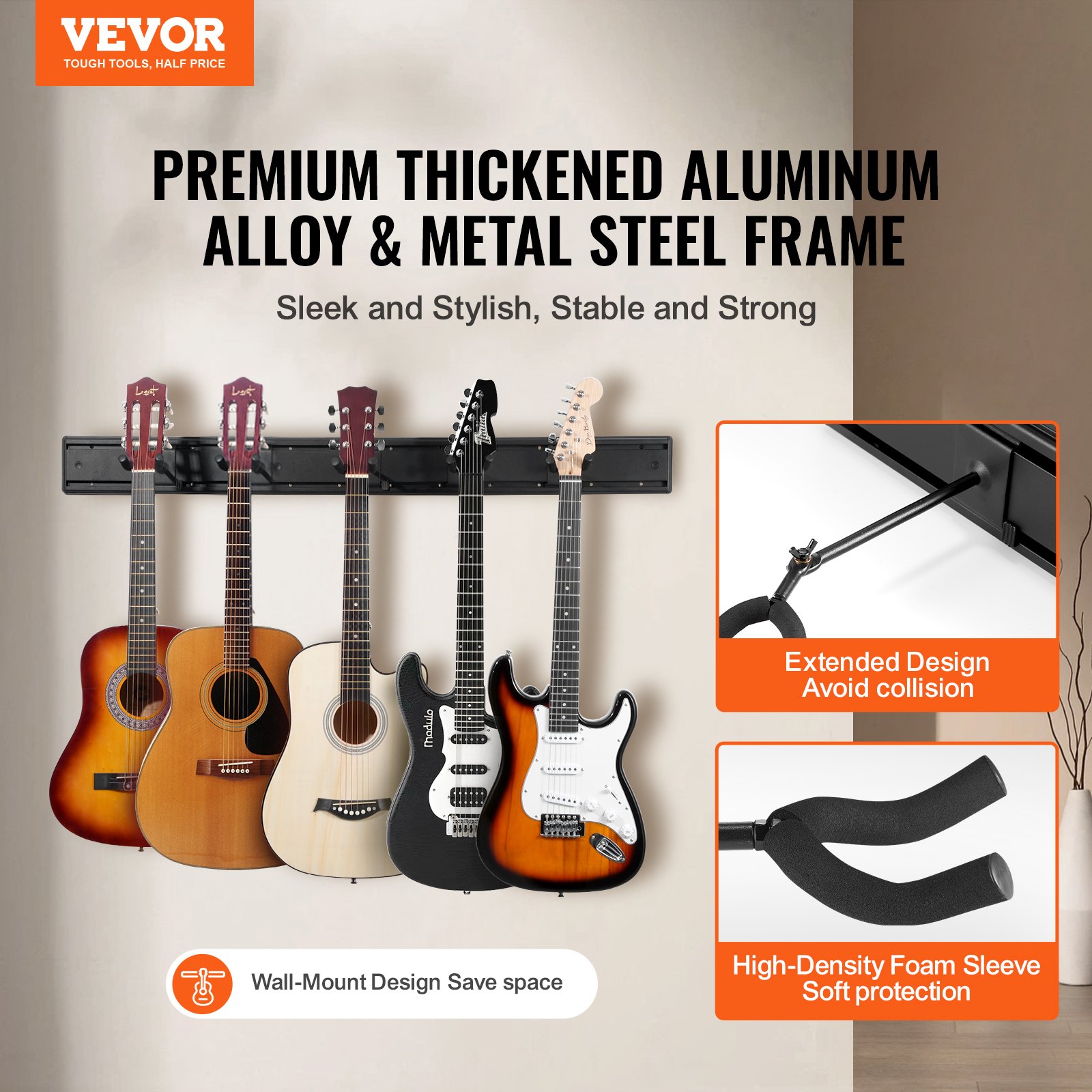 VEVOR Soporte para guitarra de 5 espacios, con capacidad para 5 guitarras, estante plegable para exhibición de múltiples guitarras montado en la pared con ganchos giratorios de 270°, mango de instalación de paneles de aluminio, para guitarra, bajo eléctrico acústico