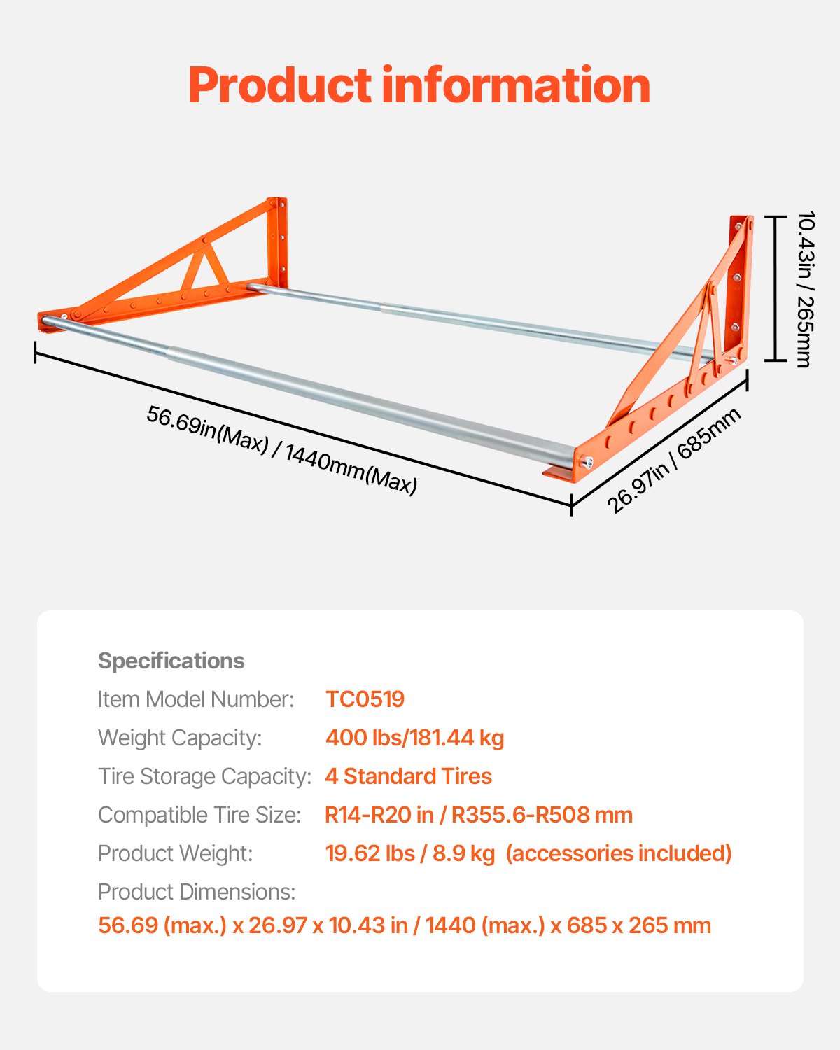 VEVOR Estante para Neumáticos de Pared, Estante de Almacenamiento de Neumáticos de Acero Resistente Q235 para Neumáticos Estándar R 355,6-R 508 mm, Carga de Peso 181 kg, 1440(máx.) x 685 x 265 mm