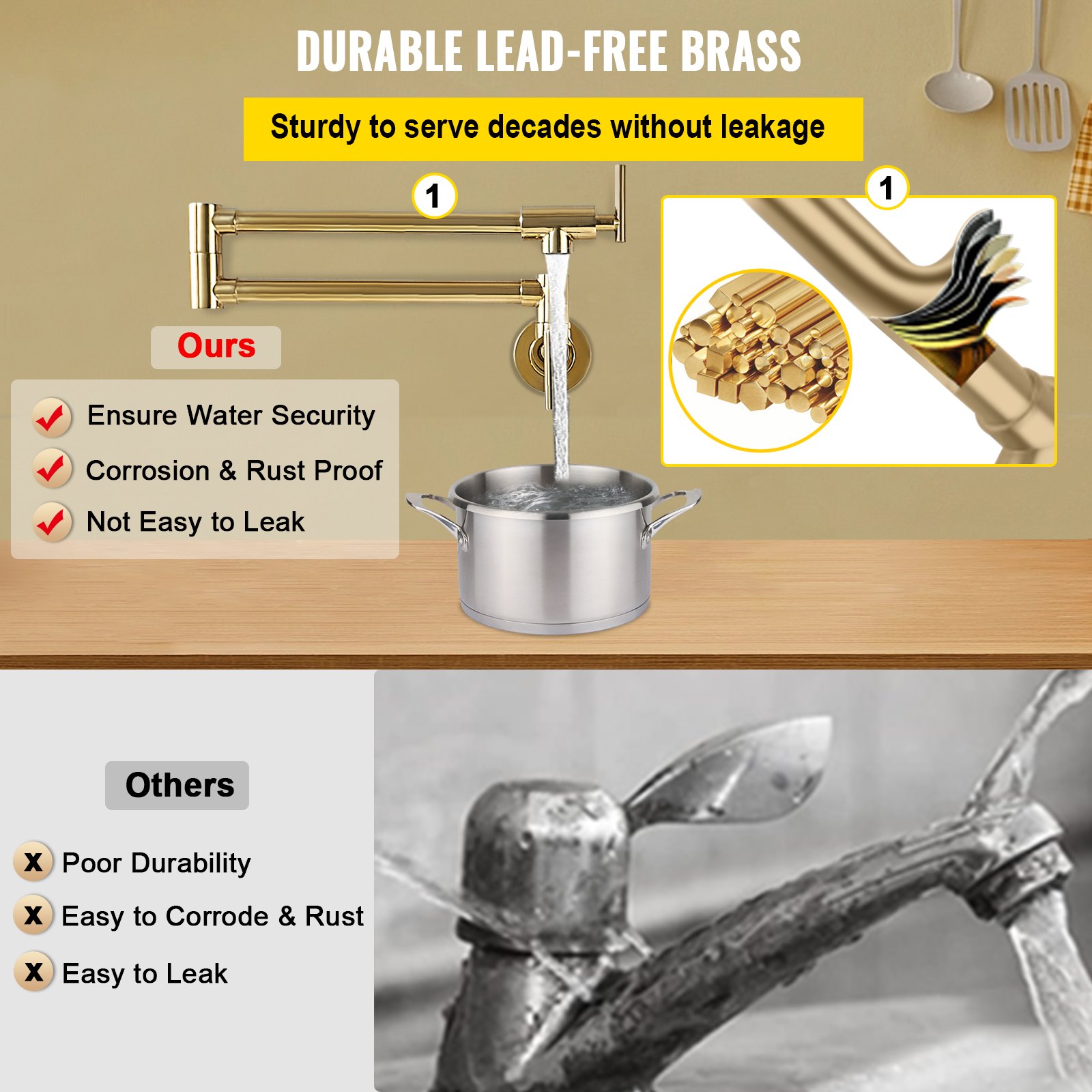 VEVOR Grifo de Llenado de Ollas Montaje en Pared, Alto Caudal 2,2 GPM Grifo de Cocina 360° Giratorio Grifo Plegable de Latón con Longitud Máxima de 620 mm, Material de Latón y Acero Inoxidable, Oro
