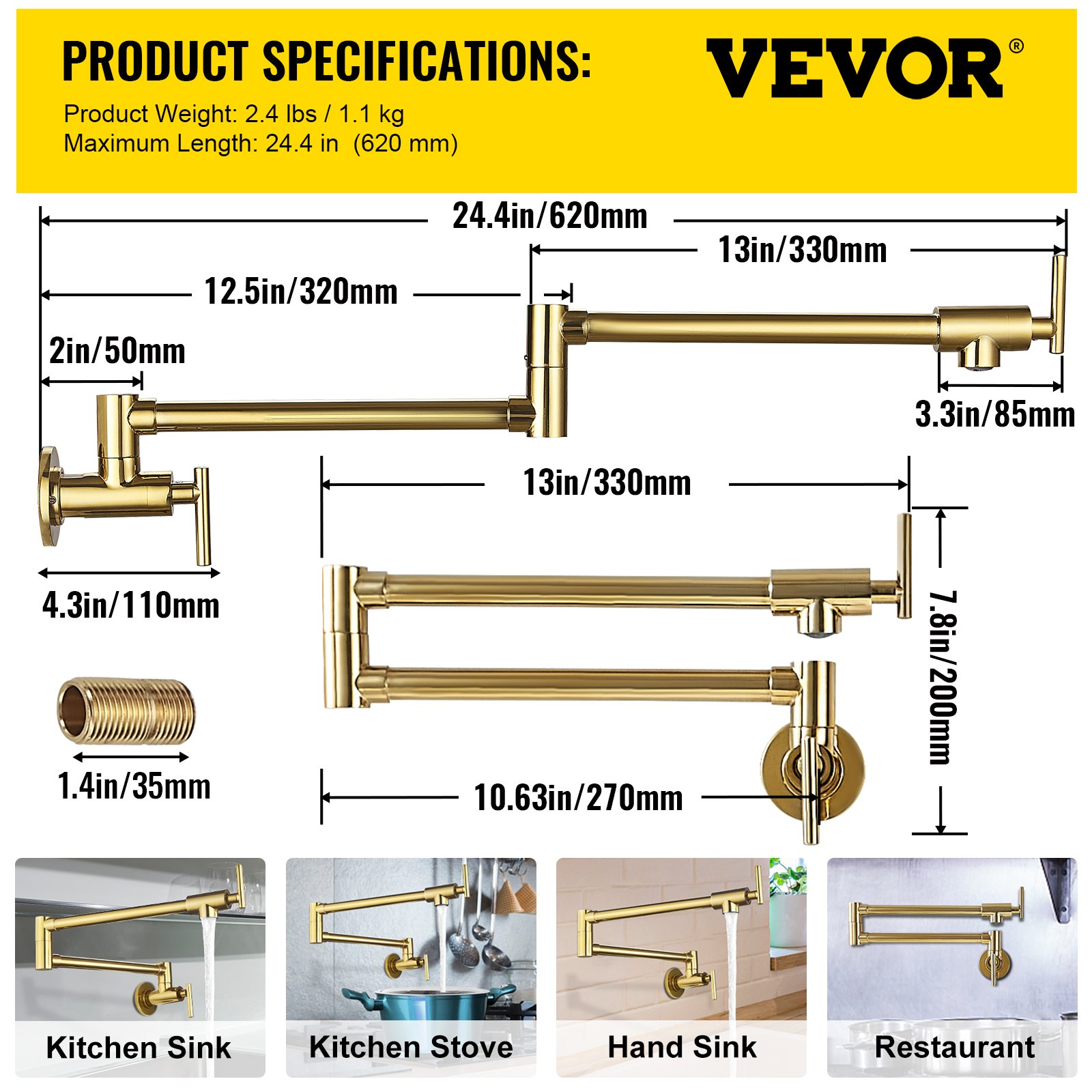 VEVOR Grifo de Llenado de Ollas Montaje en Pared, Alto Caudal 2,2 GPM Grifo de Cocina 360° Giratorio Grifo Plegable de Latón con Longitud Máxima de 620 mm, Material de Latón y Acero Inoxidable, Oro
