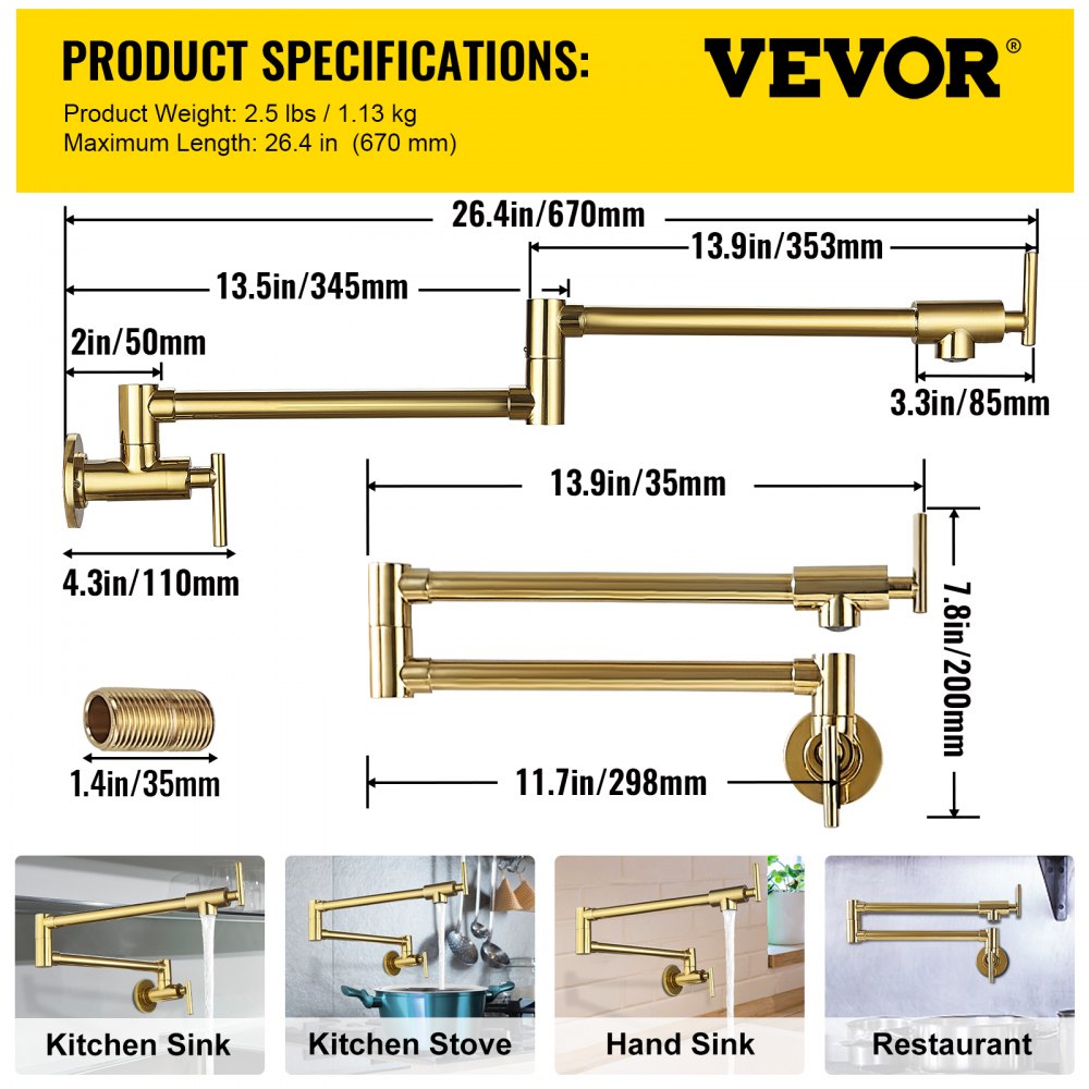 Especificaciones del producto de grifo para llenado de ollas VEVOR con medidas y ejemplos de uso: fregadero de cocina, estufa, fregadero de mano, restaurante.