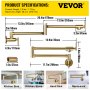 Especificaciones del producto de grifo para llenado de ollas VEVOR con medidas y ejemplos de uso: fregadero de cocina, estufa, fregadero de mano, restaurante.