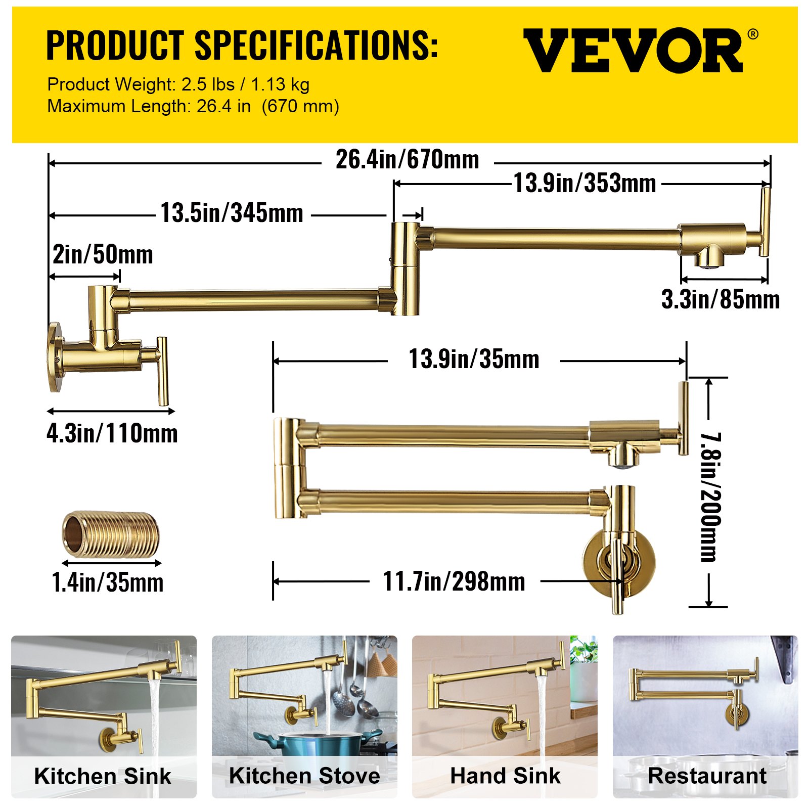 Especificaciones del producto de grifo para llenado de ollas VEVOR con medidas y ejemplos de uso: fregadero de cocina, estufa, fregadero de mano, restaurante.
