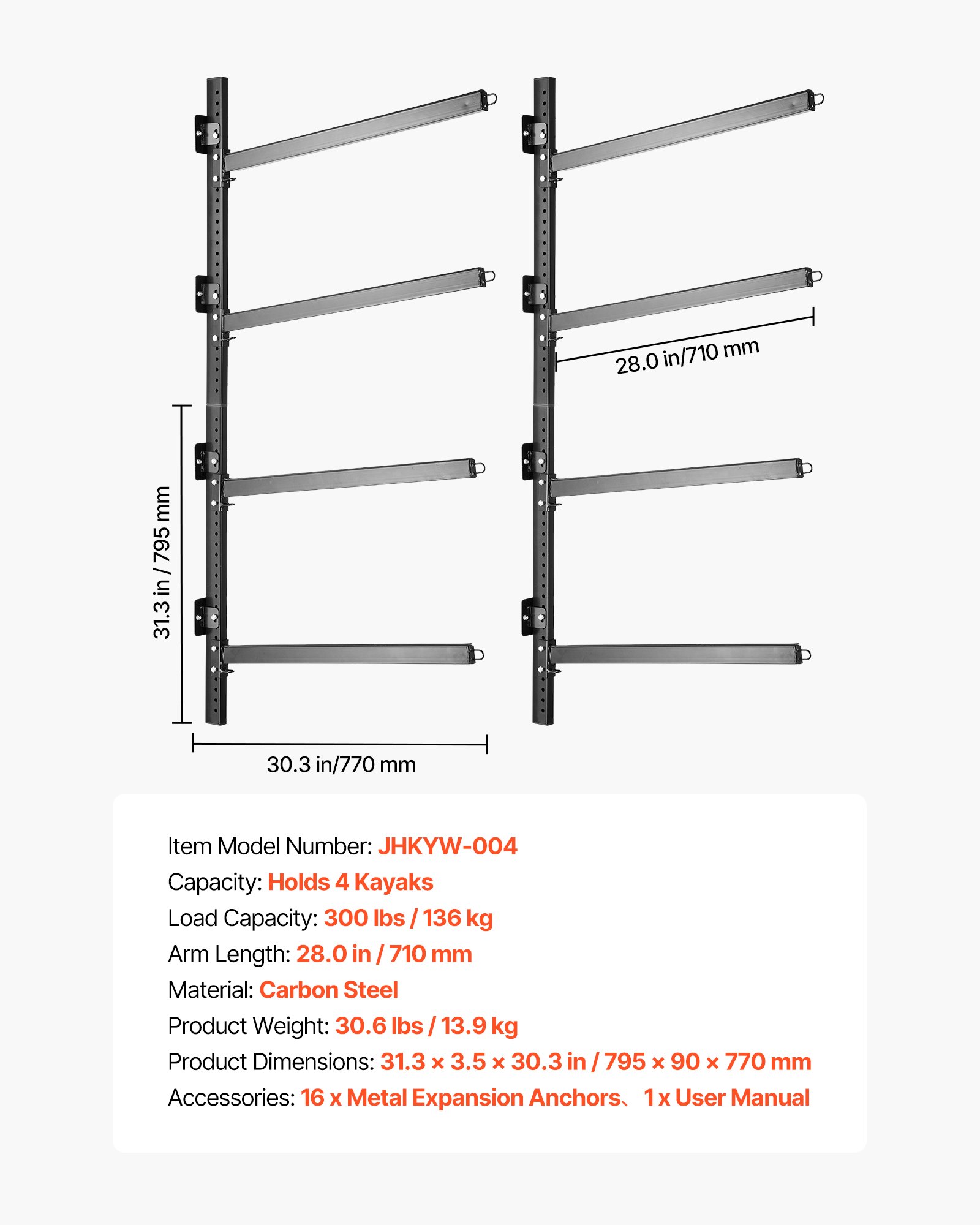 VEVOR Soporte de Almacenamiento de Pared para 4 Kayaks, Capacidad de Carga hasta 136 kg, Estantes de Pared, Ajustable y Compatible con Interior y Exterior, para Canoa Tabla de Surf Remo Barco Pequeño