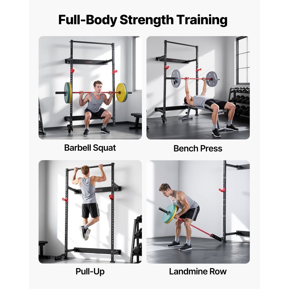 VEVOR Jaula de Potencia Plegable de Pared para Sentadillas, con Soporte a Minas Terrestres, Ganchos en J Ajustables y Barra de Dominadas para Gimnasio en Casa, Carga 454 kg, 1220 x 760 x 2210 mm