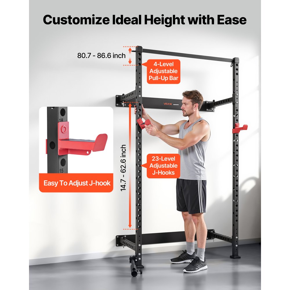 VEVOR Jaula de Potencia Plegable de Pared para Sentadillas, con Soporte a Minas Terrestres, Ganchos en J Ajustables y Barra de Dominadas para Gimnasio en Casa, Carga 454 kg, 1220 x 760 x 2210 mm