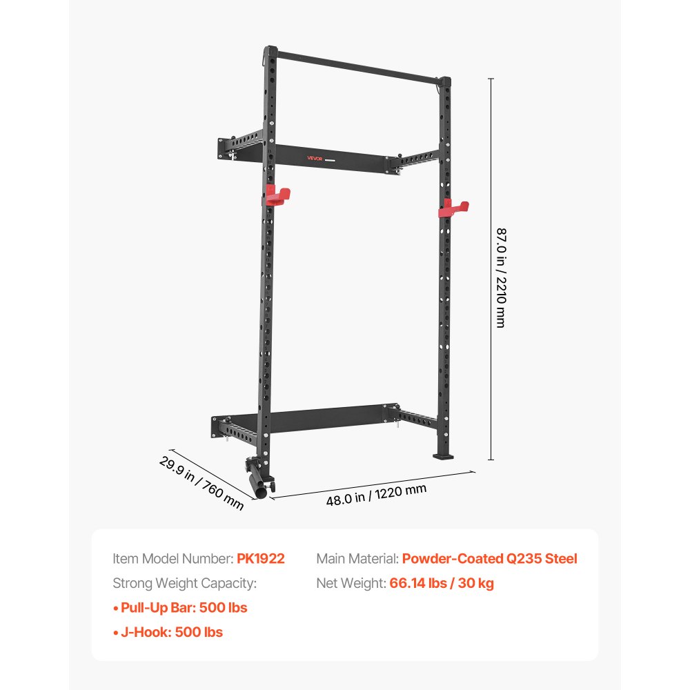 VEVOR Jaula de Potencia Plegable de Pared para Sentadillas, con Soporte a Minas Terrestres, Ganchos en J Ajustables y Barra de Dominadas para Gimnasio en Casa, Carga 454 kg, 1220 x 760 x 2210 mm