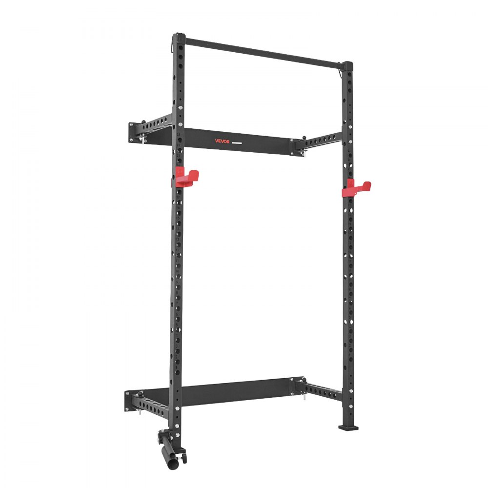 VEVOR Jaula de Potencia Plegable de Pared para Sentadillas, con Soporte a Minas Terrestres, Ganchos en J Ajustables y Barra de Dominadas para Gimnasio en Casa, Carga 454 kg, 1220 x 760 x 2210 mm