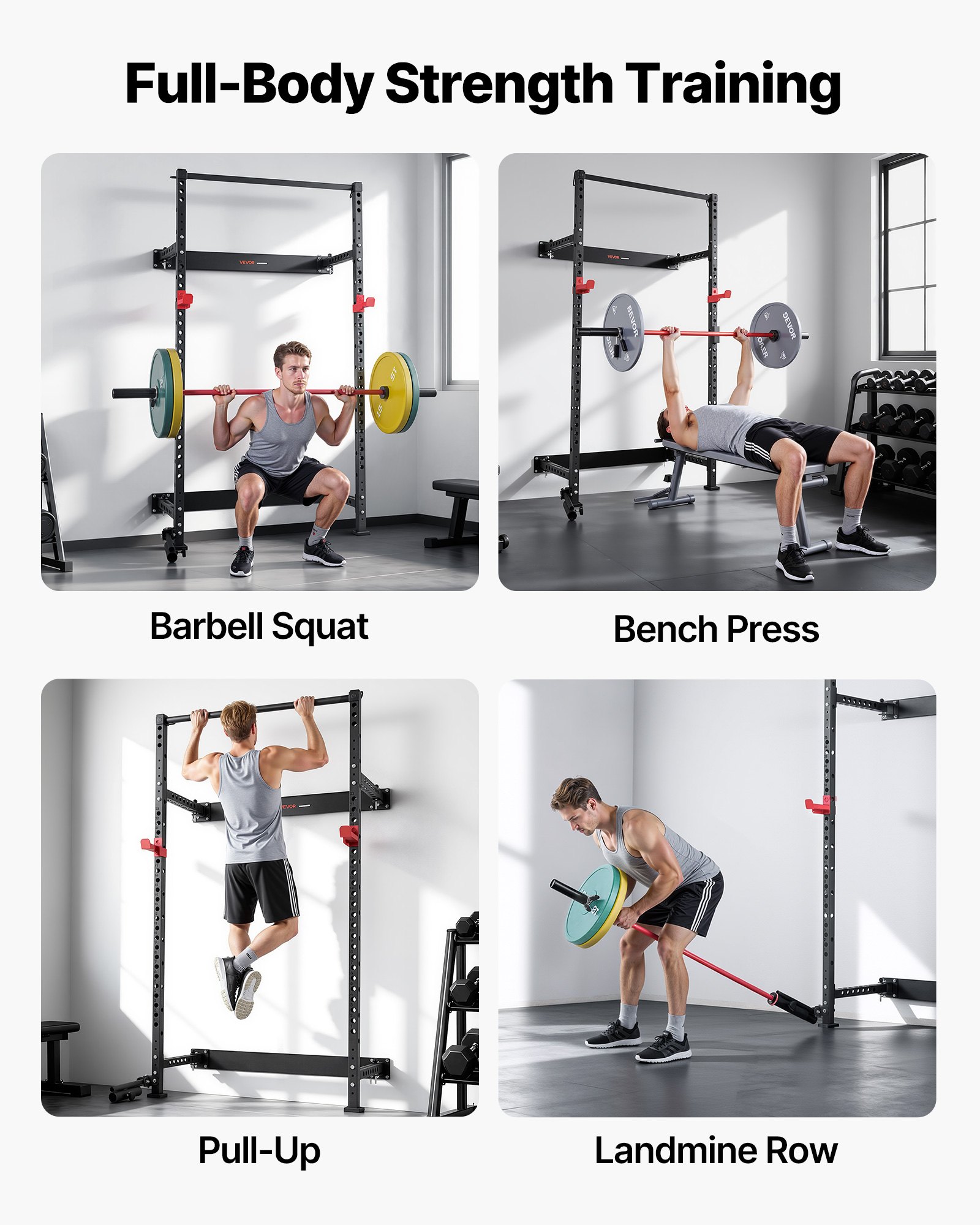 VEVOR Jaula de Potencia Plegable de Pared para Sentadillas, con Soporte a Minas Terrestres, Ganchos en J Ajustables y Barra de Dominadas para Gimnasio en Casa, Carga 454 kg, 1220 x 760 x 2210 mm