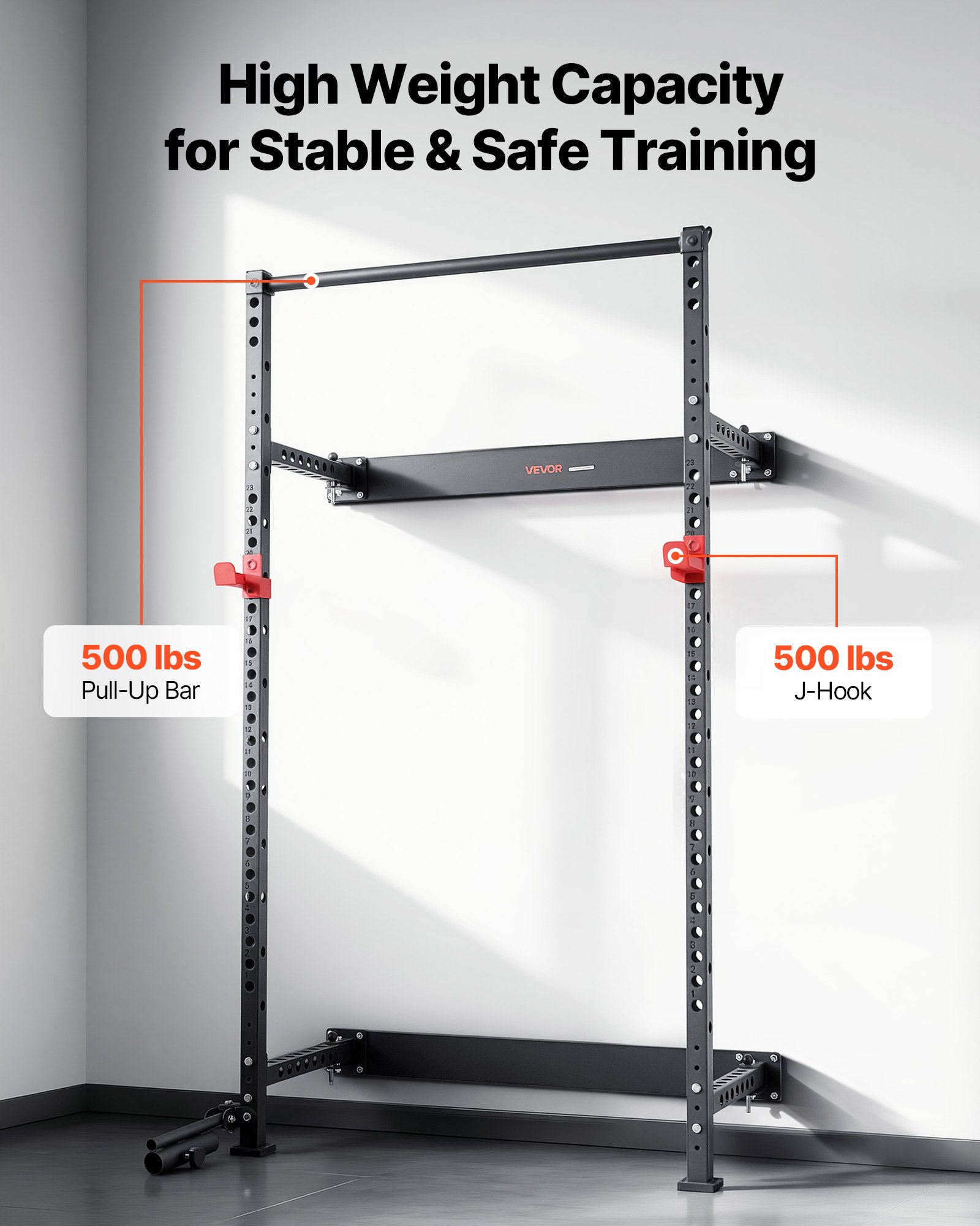 VEVOR Jaula de Potencia Plegable de Pared para Sentadillas, con Soporte a Minas Terrestres, Ganchos en J Ajustables y Barra de Dominadas para Gimnasio en Casa, Carga 454 kg, 1220 x 760 x 2210 mm