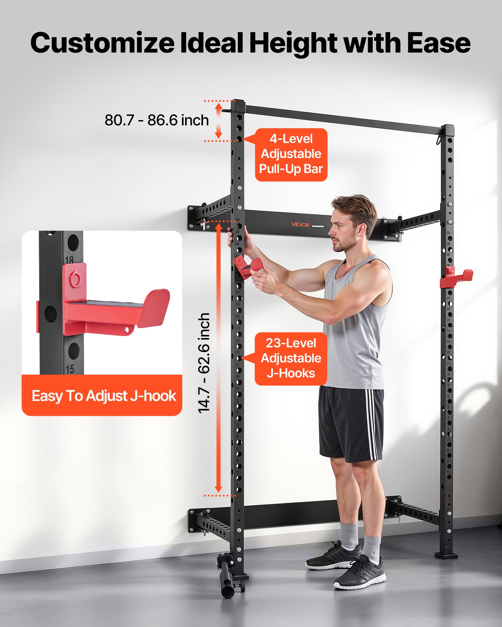 VEVOR Jaula de Potencia Plegable de Pared para Sentadillas, con Soporte a Minas Terrestres, Ganchos en J Ajustables y Barra de Dominadas para Gimnasio en Casa, Carga 454 kg, 1220 x 760 x 2210 mm