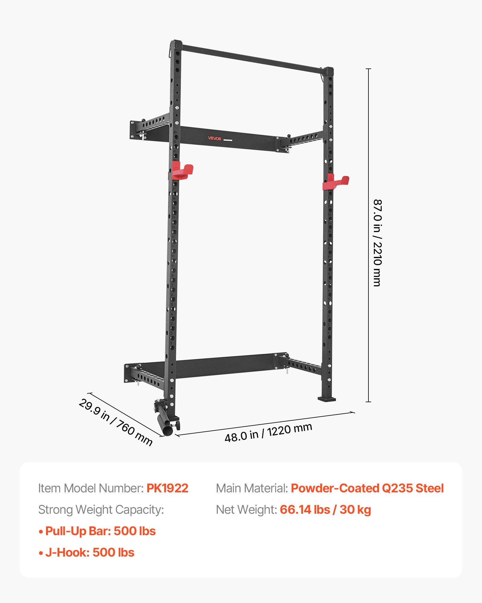 VEVOR Jaula de Potencia Plegable de Pared para Sentadillas, con Soporte a Minas Terrestres, Ganchos en J Ajustables y Barra de Dominadas para Gimnasio en Casa, Carga 454 kg, 1220 x 760 x 2210 mm