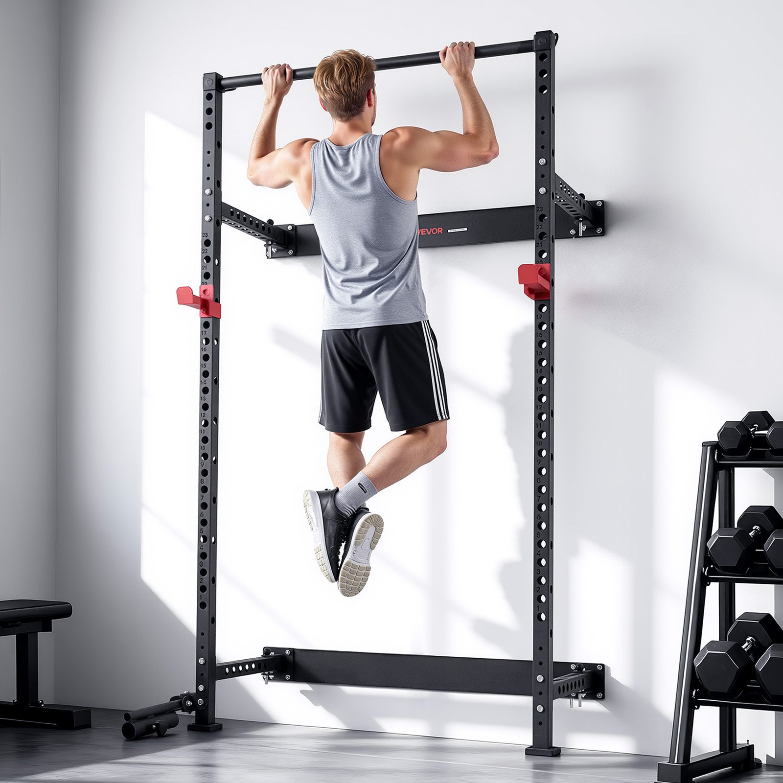 VEVOR Jaula de Potencia Plegable de Pared para Sentadillas, con Soporte a Minas Terrestres, Ganchos en J Ajustables y Barra de Dominadas para Gimnasio en Casa, Carga 454 kg, 1220 x 760 x 2210 mm
