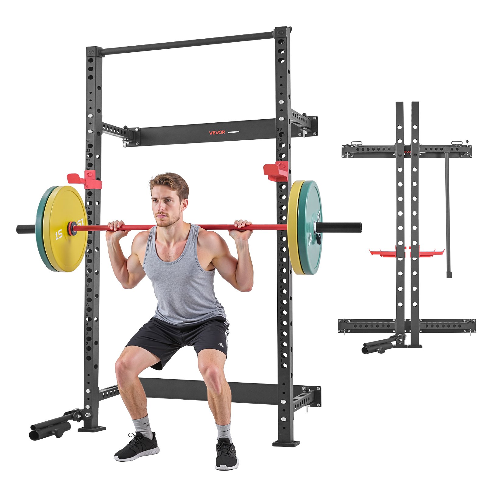 VEVOR Jaula de Potencia Plegable de Pared para Sentadillas, con Soporte a Minas Terrestres, Ganchos en J Ajustables y Barra de Dominadas para Gimnasio en Casa, Carga 454 kg, 1220 x 760 x 2210 mm