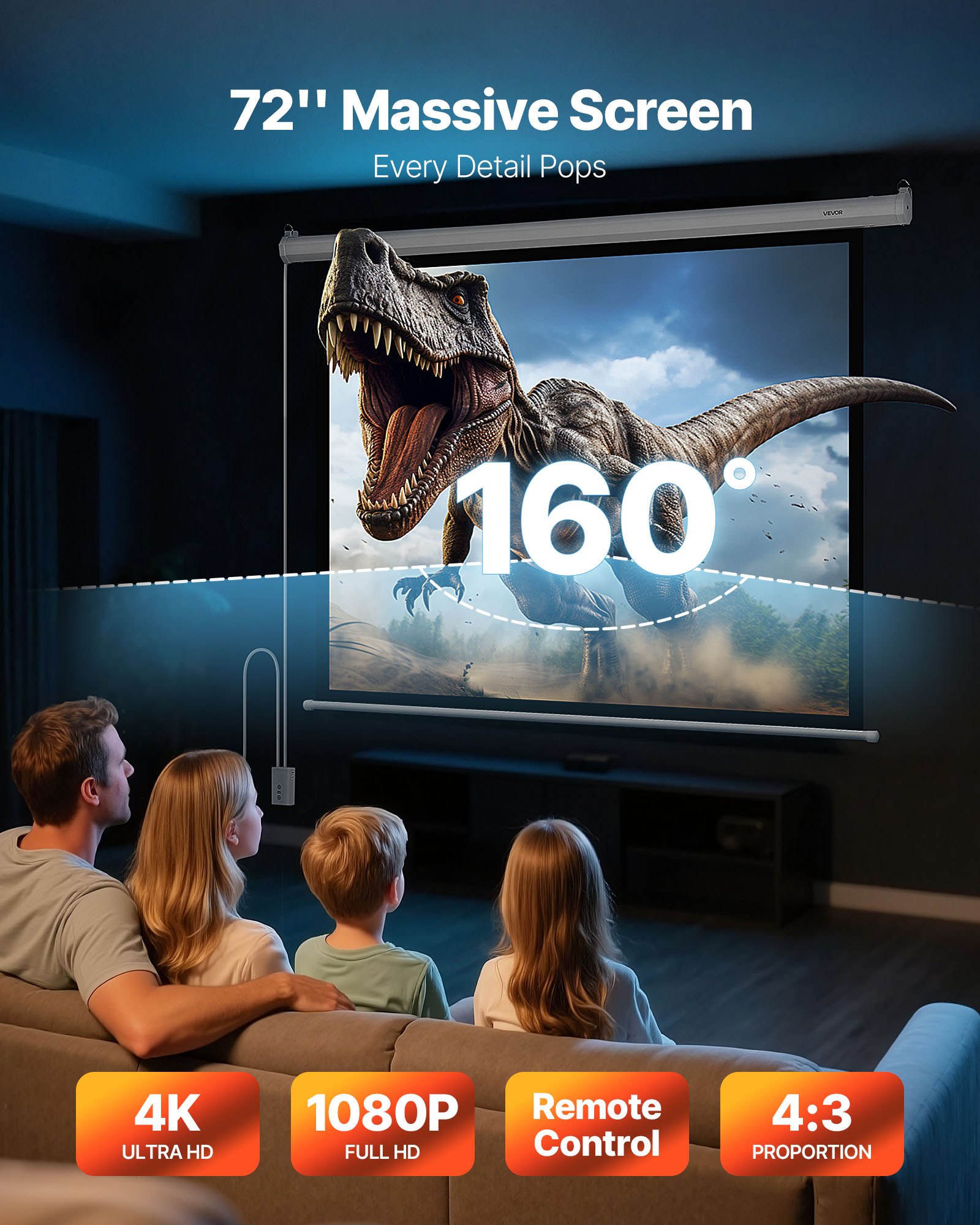 VEVOR Motorized Projector Screen, 1829 mm 4:3 1080 HD Electric Projection Screen, Wall Mounted Projection Dispaly Projector with Remote Control, Automatic Movie Screen for Family Home Office Theater