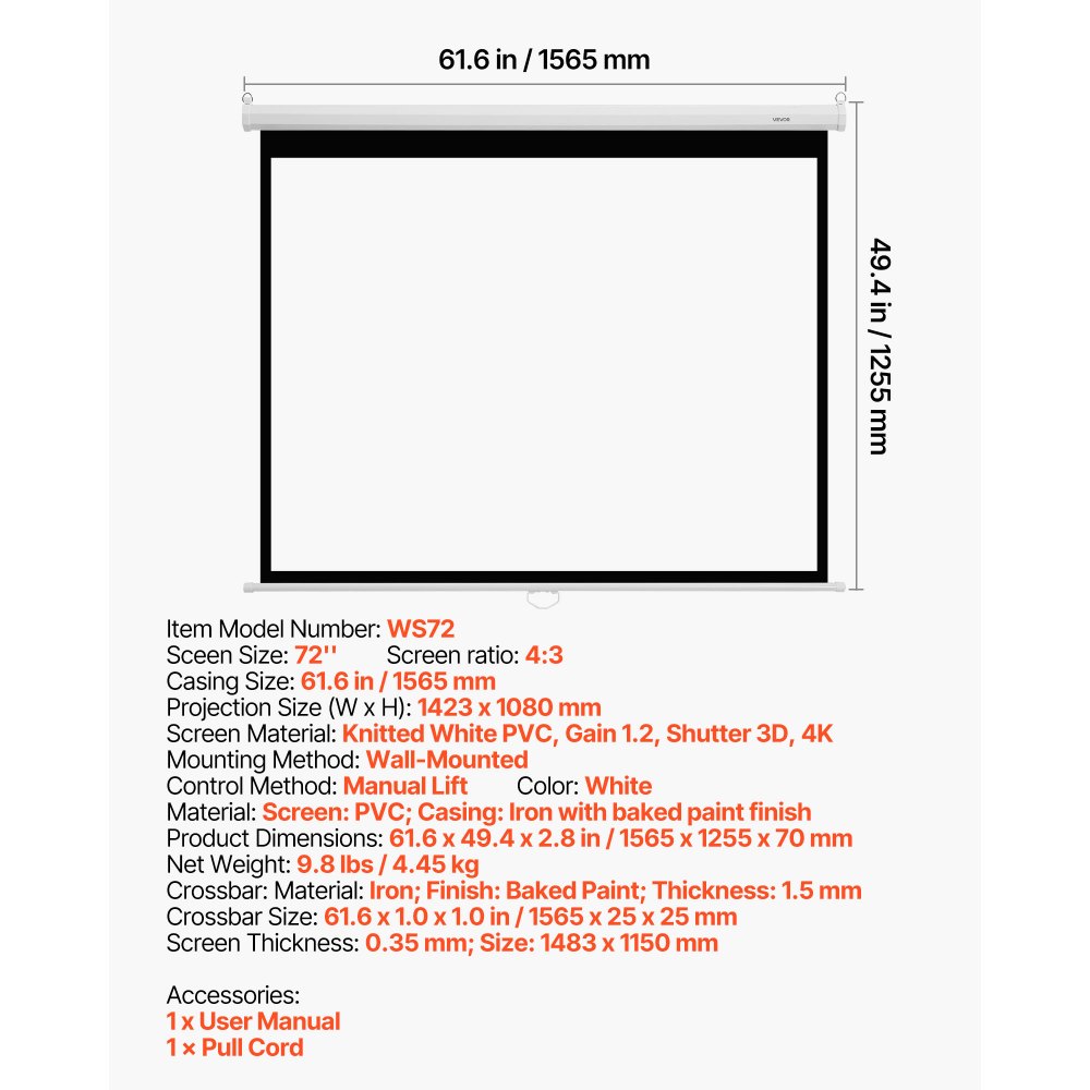 VEVOR Pantalla de Proyección Manual de 1829 mm, 4:3, 4K, 1080 HD, Pantalla de Proyección de Pared, Retráctil con Cordón, Amplio Ángulo de Visión, para Cine en Casa, Oficina y Aula, Color Blanco
