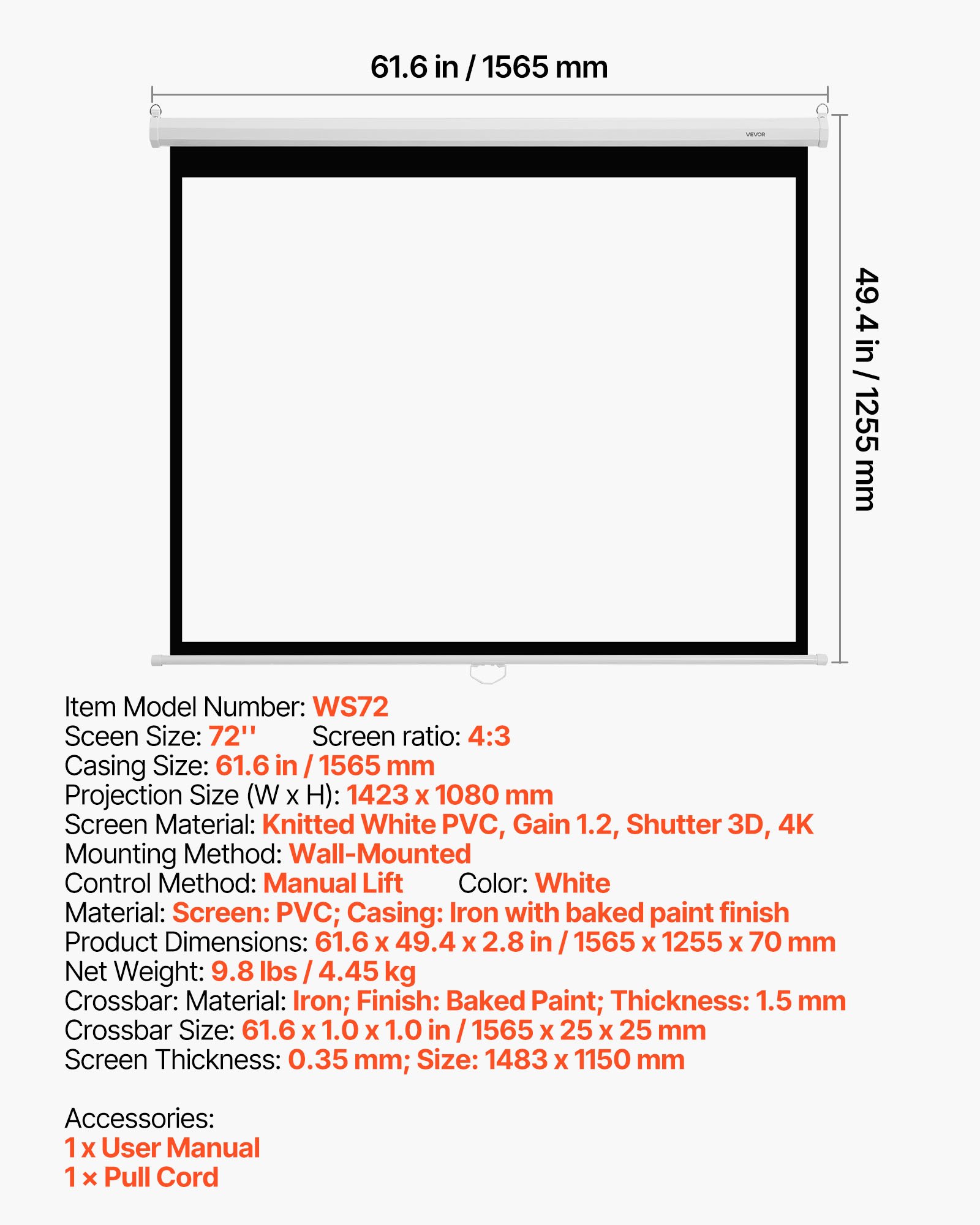 VEVOR Pantalla de Proyección Manual de 1829 mm, 4:3, 4K, 1080 HD, Pantalla de Proyección de Pared, Retráctil con Cordón, Amplio Ángulo de Visión, para Cine en Casa, Oficina y Aula, Color Blanco