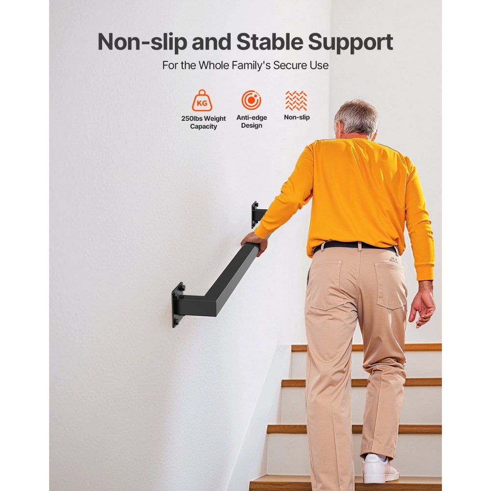 VEVOR Pasamanos de Escalera Montaje en Pared, Hierro Negro, para Interiores, Carga de 113 kg, Pasamanos Industrial para Escalones, Tubo Cuadrado para Loft, Terraza, 2 Secciones, 910 x 80 x 70 mm