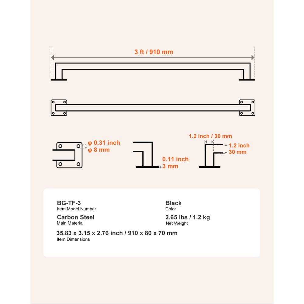 VEVOR Pasamanos de Escalera Montaje en Pared, Hierro Negro, para Interiores, Carga de 113 kg, Pasamanos Industrial para Escalones, Tubo Cuadrado para Loft, Terraza, 2 Secciones, 910 x 80 x 70 mm