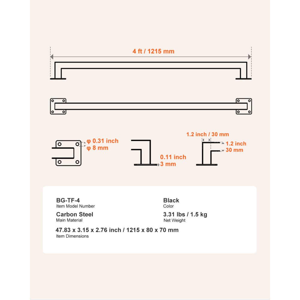 VEVOR Pasamanos de Escalera Pared, Hierro Negro, para Interiores, Carga 113 kg, Estilo Industrial, para Escalones, de Tubo Cuadrado para Loft, Terraza o Porche, de 2 Secciones, 1215 x 80 x 70 mm