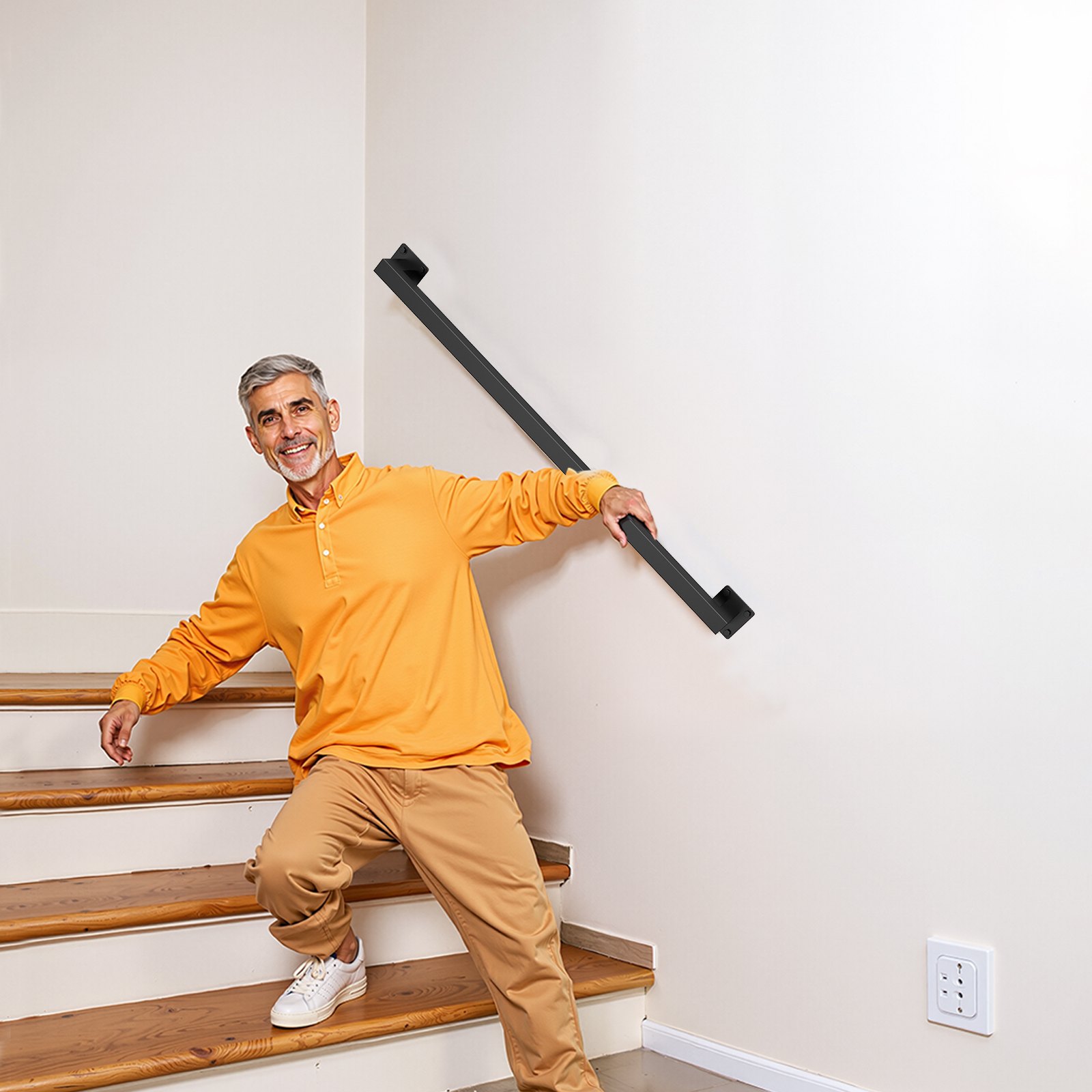 VEVOR Pasamanos de Escalera Pared, Hierro Negro, para Interiores, Carga 113 kg, Estilo Industrial, para Escalones, de Tubo Cuadrado para Loft, Terraza o Porche, de 2 Secciones, 1215 x 80 x 70 mm