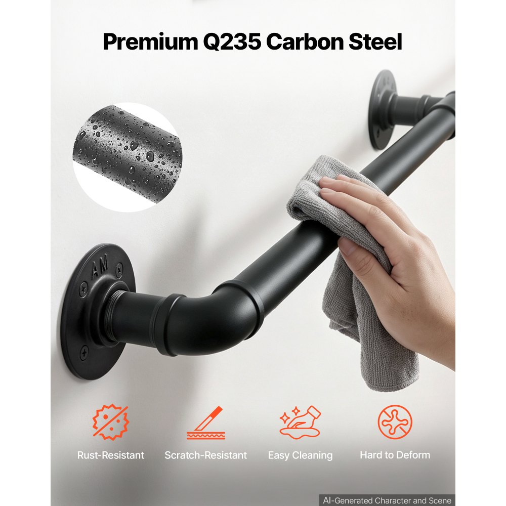 VEVOR Barandilla de Pared 3657,6 mm, Carga 199,6 kg, Pasamanos de Escalera de Acero al Carbono Negro, Diseño Tubo Redondo, con Herrajes de Montaje para Escaleras Interiores, Áticos, Porches y Pasillos