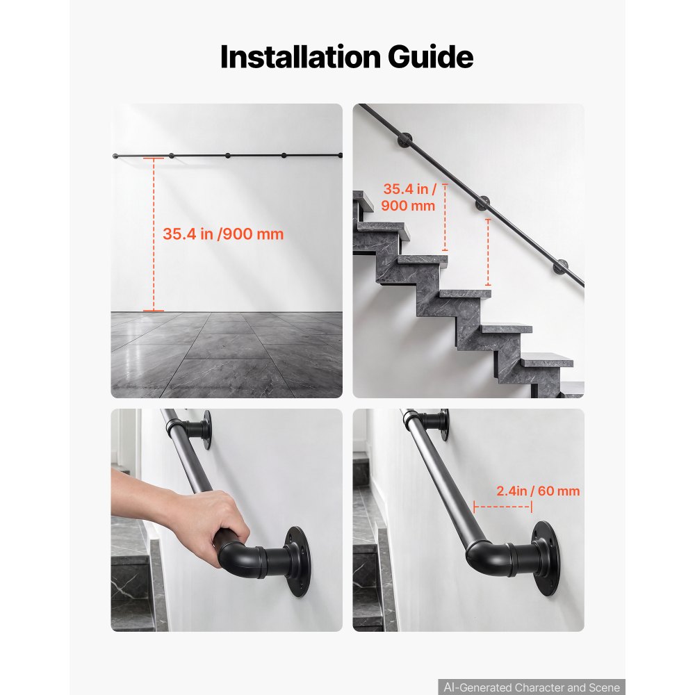 VEVOR Barandilla de Pared 3657,6 mm, Carga 199,6 kg, Pasamanos de Escalera de Acero al Carbono Negro, Diseño Tubo Redondo, con Herrajes de Montaje para Escaleras Interiores, Áticos, Porches y Pasillos