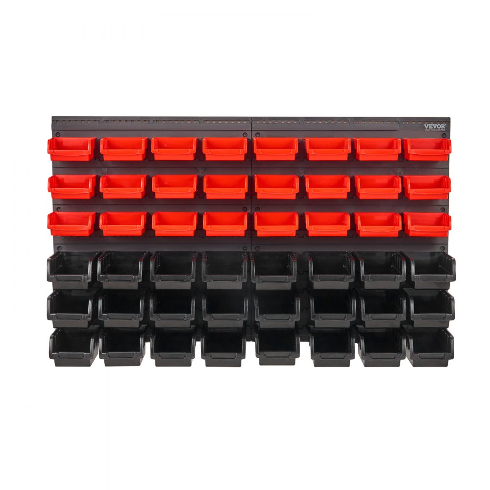 VEVOR Stackable Storage Boxes, 48-Container Parts Rack Organizer for Garage, Plastic Shop Tool with Wall Panels, Tool Organizer for Nuts, Bolts, Screws, Nails, Beads, Buttons, Black and Red