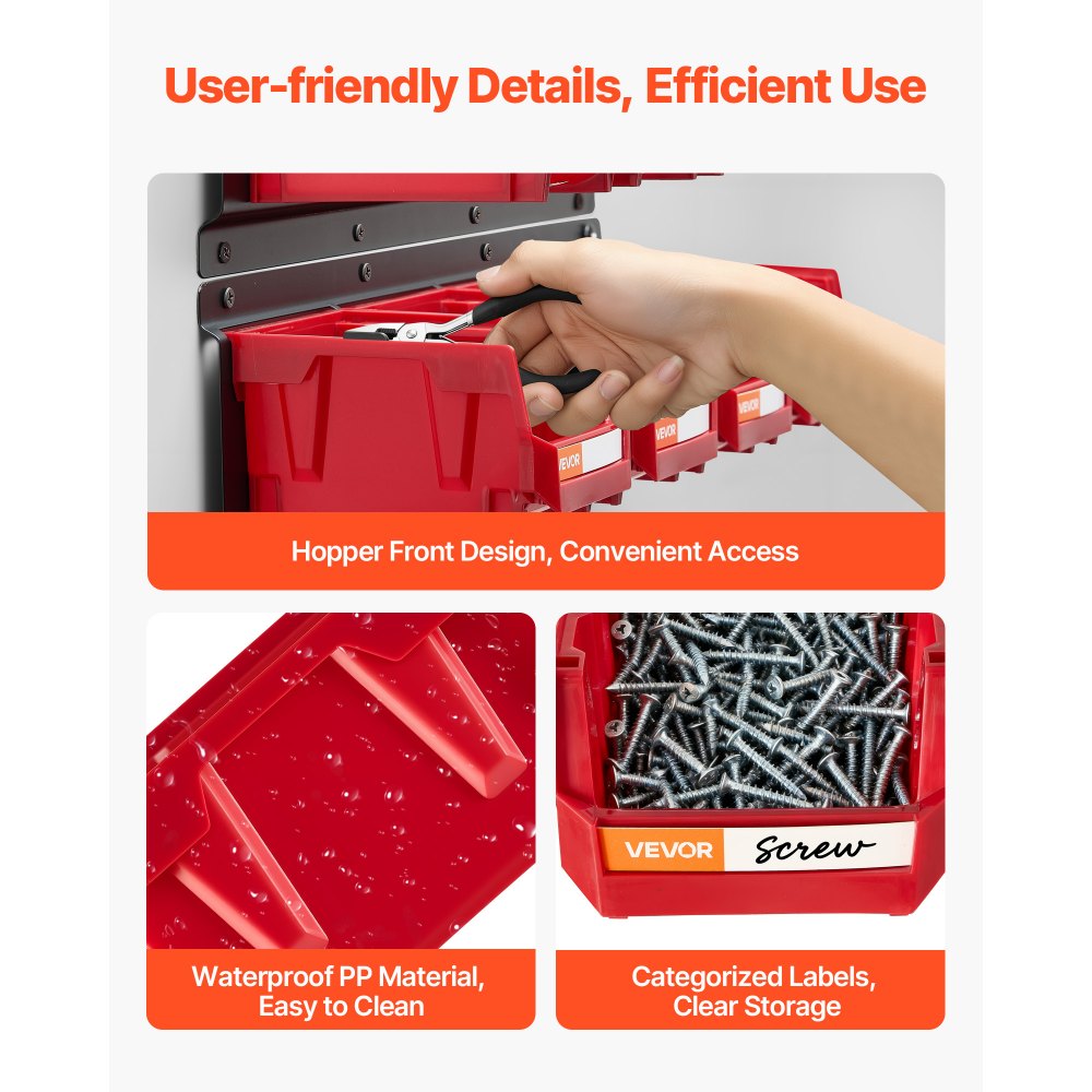 VEVOR Wall Mounted Storage Bins, 12 Plastic Bins & 3 Metal Rails, Plastic Hanging Stackable Storage Bin for Screws, Nuts, Bolts, Nails, Hardware Tool Organizer for Workshop, Craft Room, Garage, Red