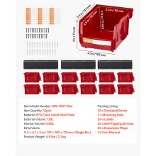 VEVOR Cajas Apilables Visibles para Montar en la Pared, 137 x 105 x 75 mm, y 3 Rieles Metálicos, para Tornillos, Tuercas, Pernos y Clavos, para Taller, Sala de Manualidades y Garaje, Rojo, 12 uds