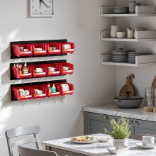 VEVOR Cajas Apilables Visibles para Montar en la Pared, 137 x 105 x 75 mm, y 3 Rieles Metálicos, para Tornillos, Tuercas, Pernos y Clavos, para Taller, Sala de Manualidades y Garaje, Rojo, 12 uds