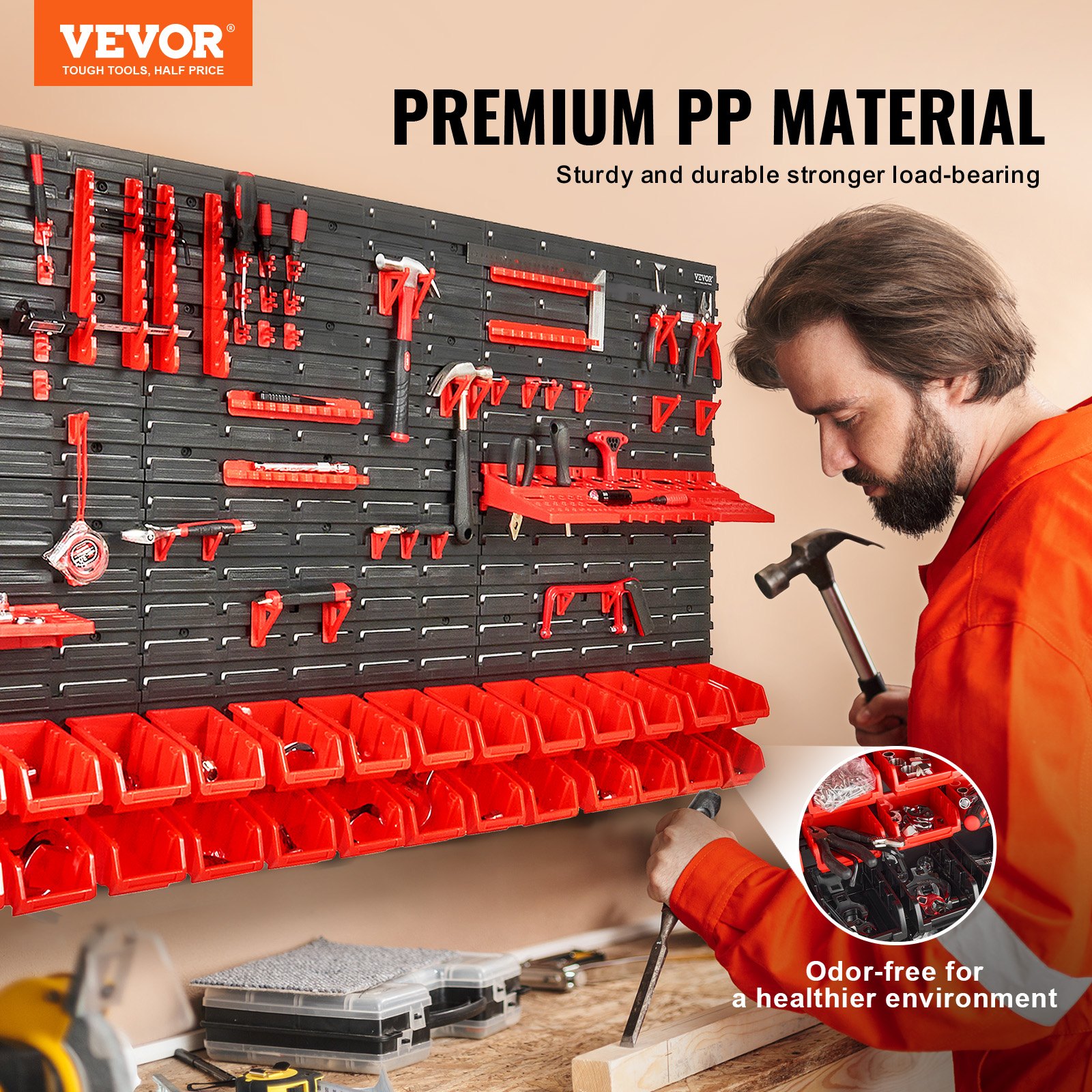 VEVOR Estante de Plástico 30 Cajas de Almacenamiento para Taller Garaje con Paneles de Pared Organizador de Herramientas para Tuercas, Pernos, Tornillos, Clavos, Botones, Piezas Pequeñas, Negro/Rojo