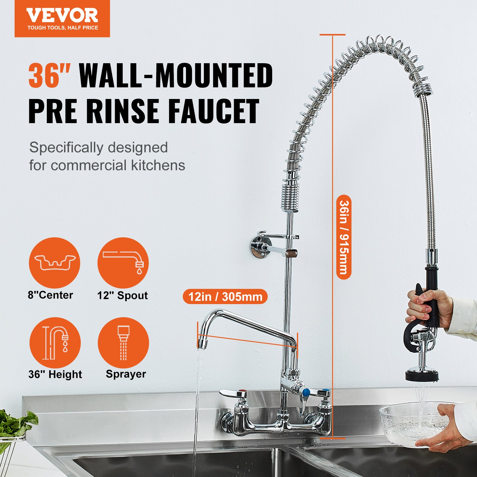 VEVOR Commercial Faucet with Pre-Flush Sprayer, 915 Height, 30.5 cm Swivel Spout, Wall-Mounted Kitchen Sink Faucet, Brass Unit with Pull-Out Sprayer, for 1/2/3-Bowl Sinks