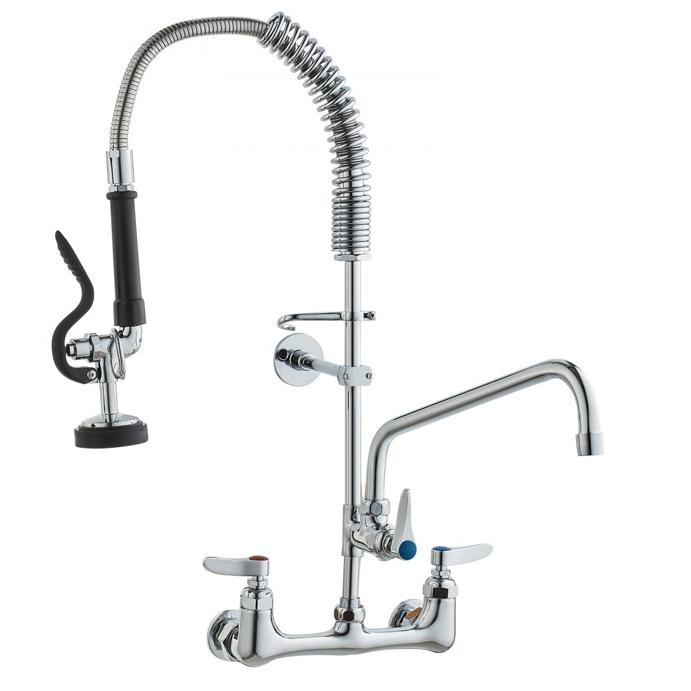 VEVOR Commercial Faucet with Pre-Flush Sprayer, 63 cm Height, 305 mm Swivel Spout, Wall-Mounted Kitchen Sink Faucet, Brass Construction with Pull-Out Sprayer, for 1/2/3-Bowl Sinks