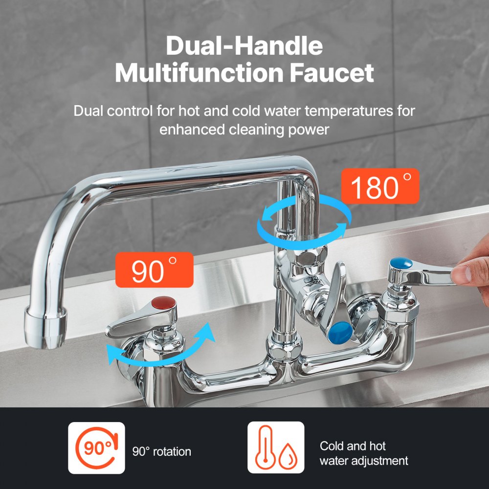VEVOR Grifo Comercial con Pulverizador de Preenjuague, 63,5 cm de Altura, 20,32 cm de Centro, Caño Oscilante, Grifo para Fregadero de Cocina de Montaje en Pared, Dispositivo Construido en Latón
