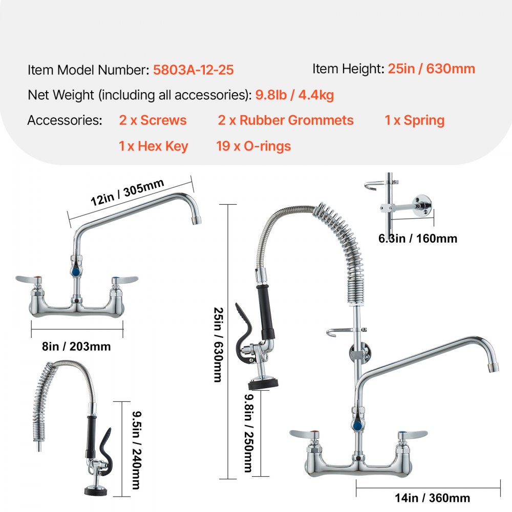 VEVOR Grifo Comercial con Pulverizador de Preenjuague, 63,5 cm de Altura, 20,32 cm de Centro, Caño Oscilante, Grifo para Fregadero de Cocina de Montaje en Pared, Dispositivo Construido en Latón