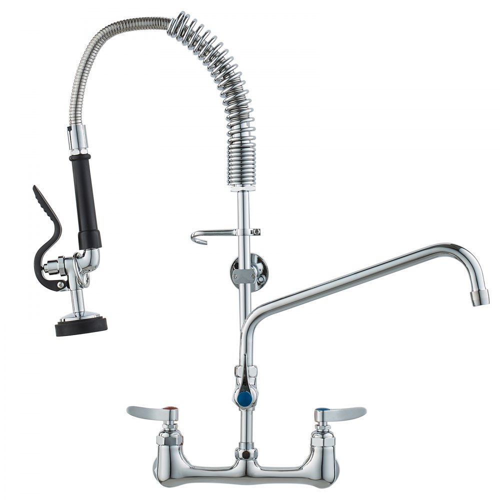 VEVOR Grifo Comercial con Pulverizador de Preenjuague, 63,5 cm de Altura, 20,32 cm de Centro, Caño Oscilante, Grifo para Fregadero de Cocina de Montaje en Pared, Dispositivo Construido en Latón